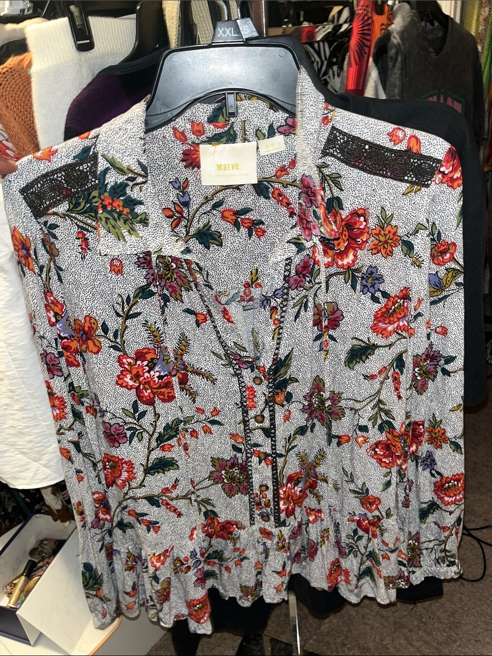 Floral Peplum Blouse in White with Multicolor Blooms - Picture 4 of 5